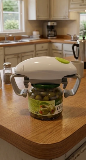 El abre-tarros sobre un bote de aceitunas en la encimera de una cocina