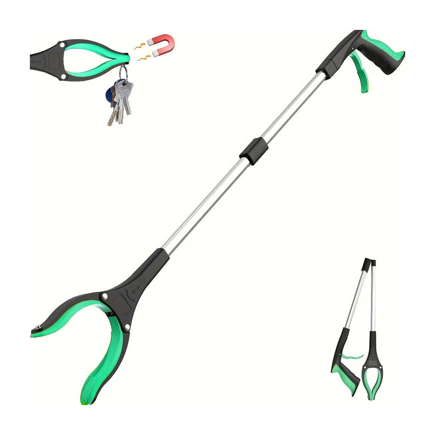 Pinza alcanzadora de 80 cm extendida y plegada, junto a un llavero