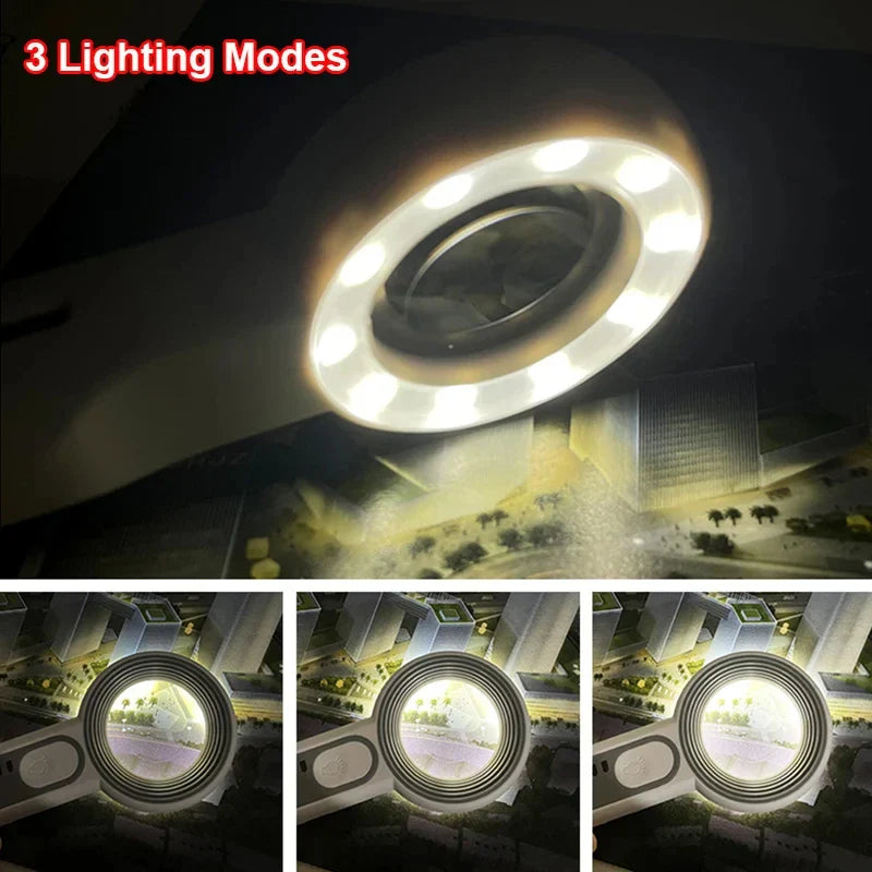 Lupa de mano con luz LED encendida