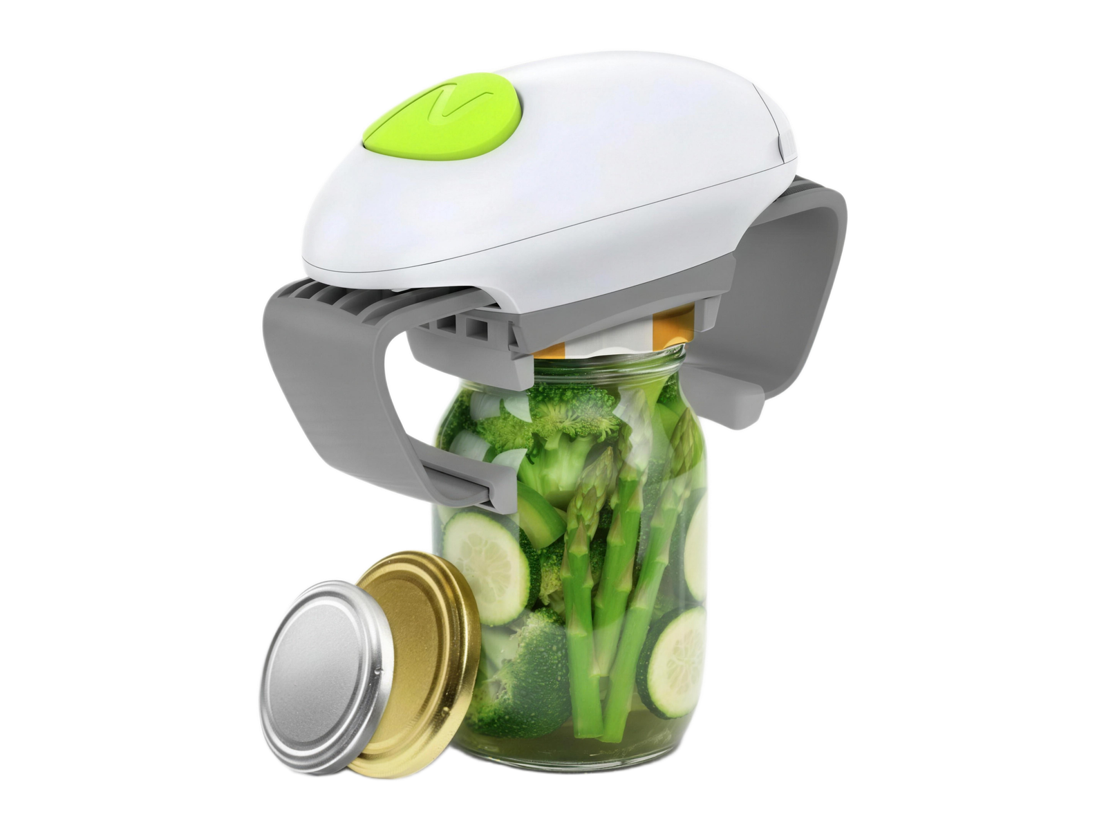 Abre-tarros eléctrico de doble brazo abriendo un tarro de cristal con verduras, con la tapa ya retirada
