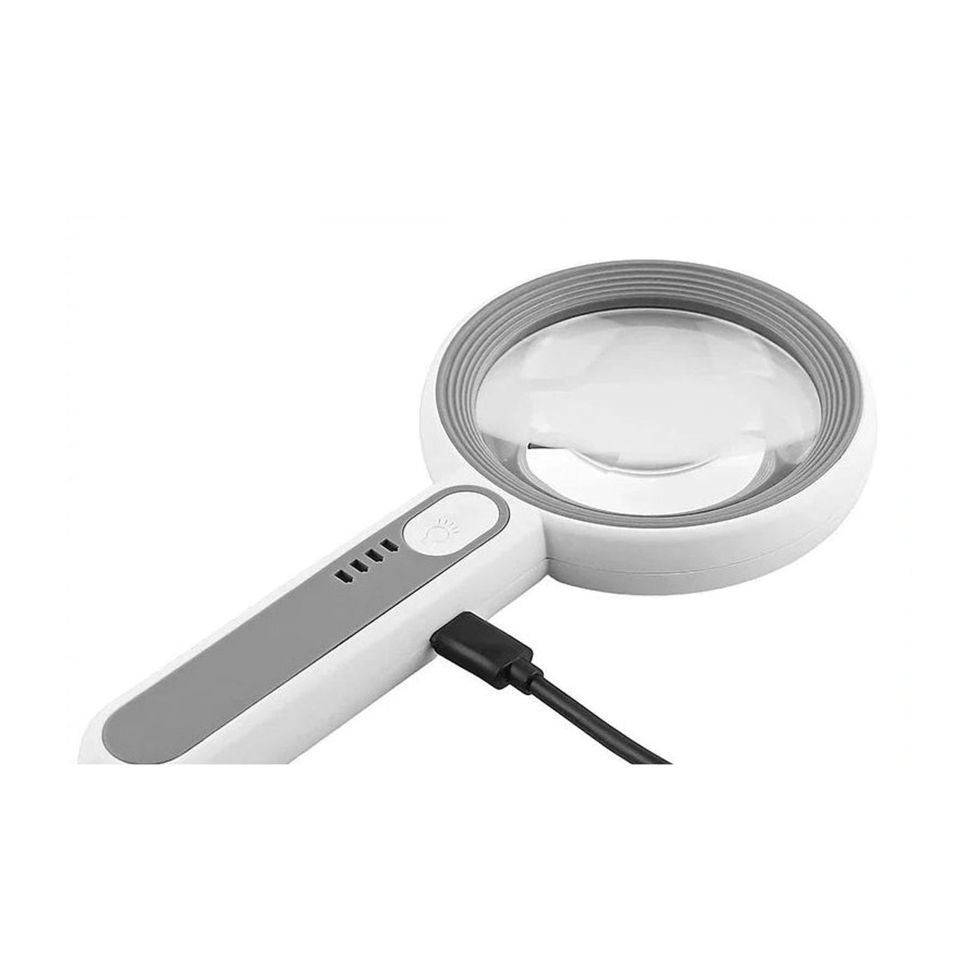 Lupa de mano con luz LED y cable de carga USB, sobre fondo blanco