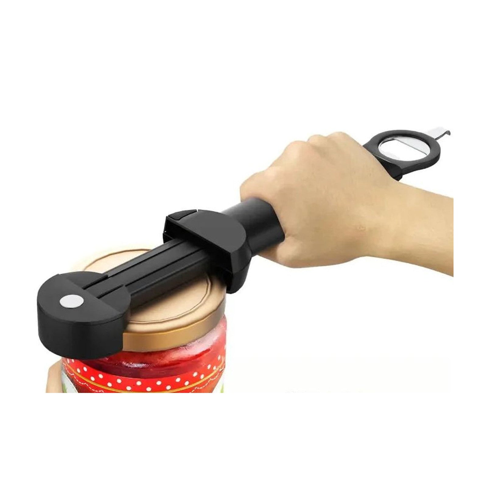 Abre-tarros ergonómico negro sujetando la tapa de un bote