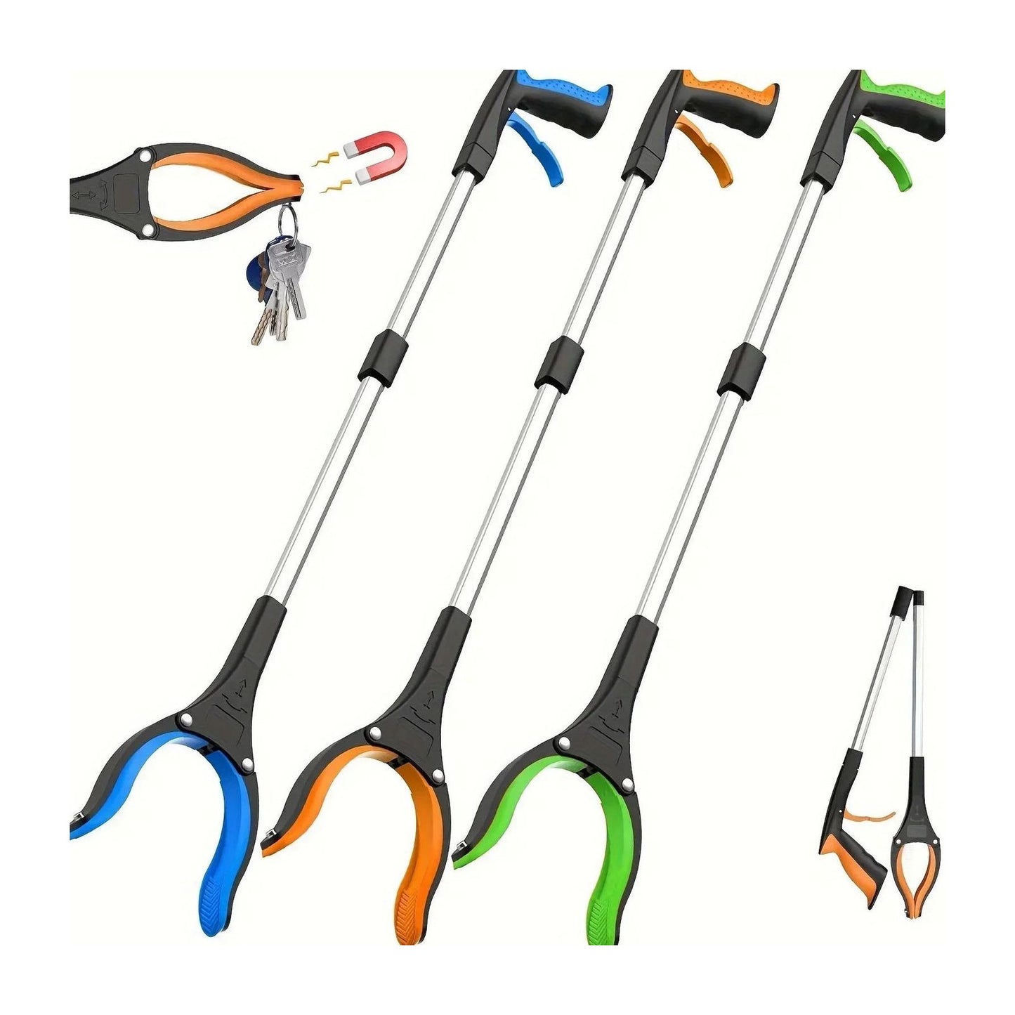 Cuatro pinzas alcanzadoras de 80 cm en distintos colores, junto a un llavero