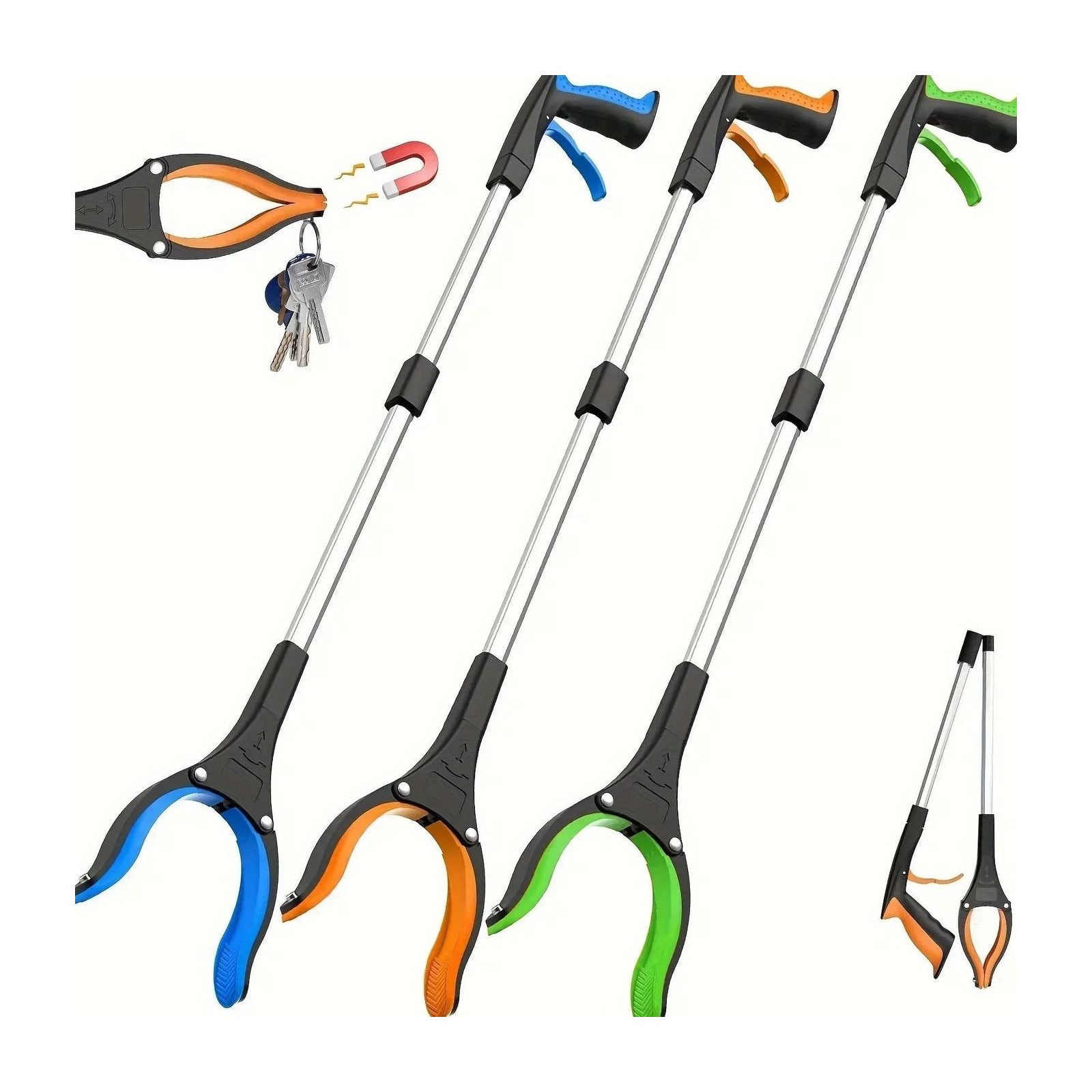 Cuatro pinzas alcanzadoras de 80 cm en distintos colores, junto a un llavero