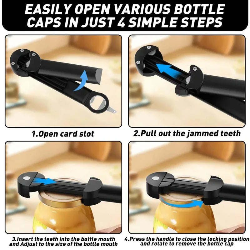 Adjustable Stainless Steel Bottle Opener - Multifunctional Jar Lid & Wine Beer Can Opener for Seniors Weak Hands Kitchen Tool
